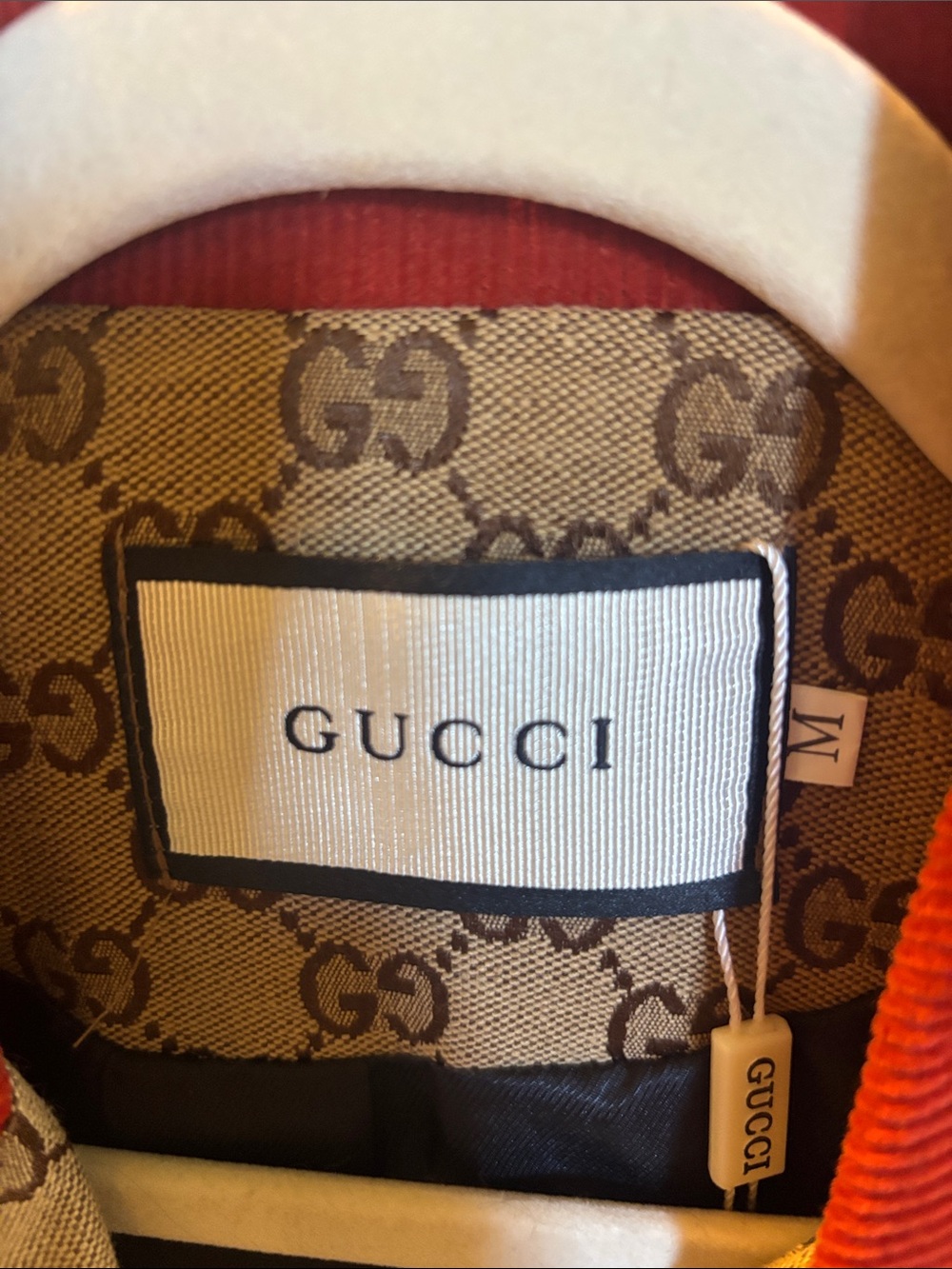Gucci Beige Monogram GG Blazer with Red Corduroy Collar - Picture 2 of 5